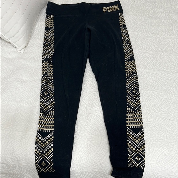 PINK Victoria's Secret Pants - Vintage PINK Black Leggings with Gold Studded Aztec Side Panels